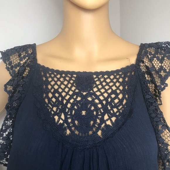 Aeropostale Blouse | Crocheted Bodice | Lace Flutter Cap Sleeves | Navy Blue - Picture 2 of 7